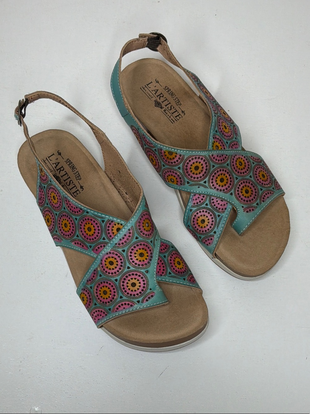 Earthies L'Artiste Leather Teal Multicolor Cutout Slingback Sandals 40